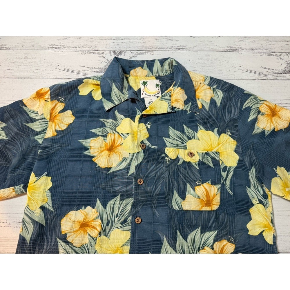 Banana Cabana Floral Buttondown 100% Silk Mens Large Blue Hawaiian Vacation - Picture 2 of 11